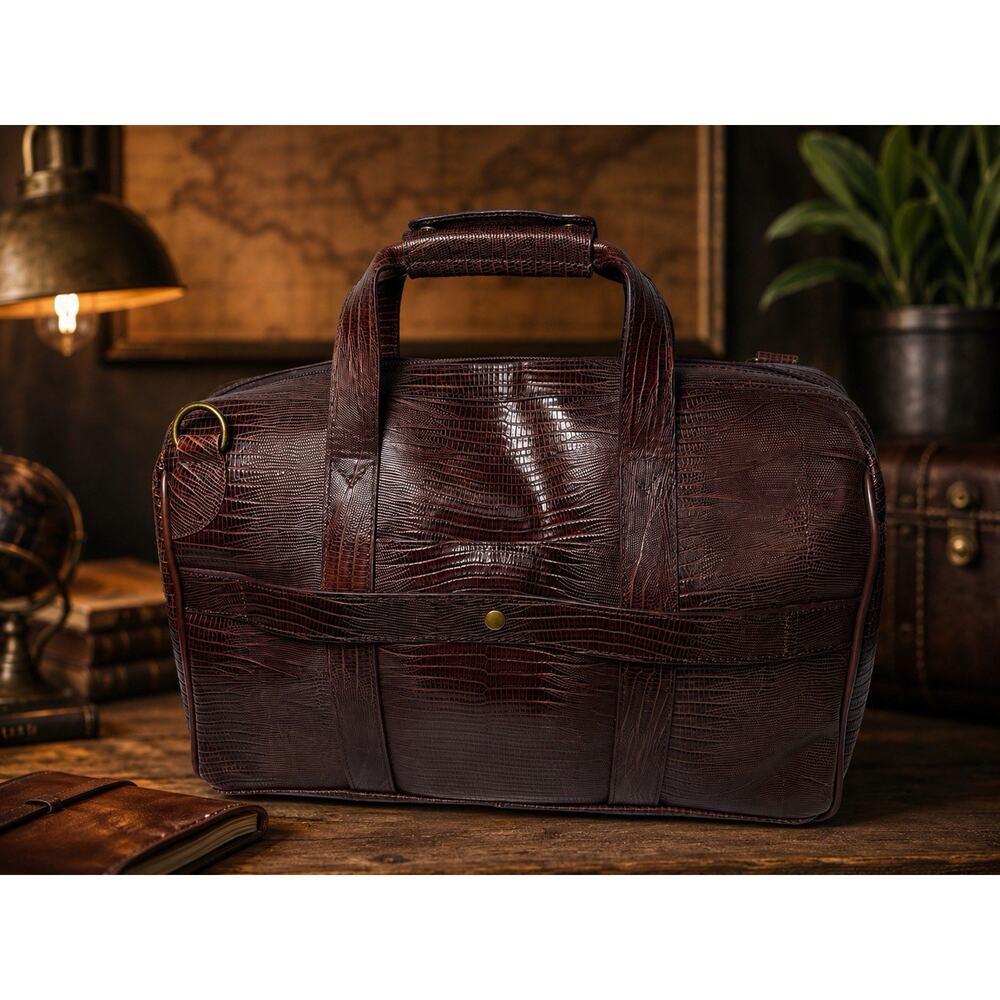 Amerileather Genuine Leather Croco Print Duffel Travel Bag Brown Carry On
